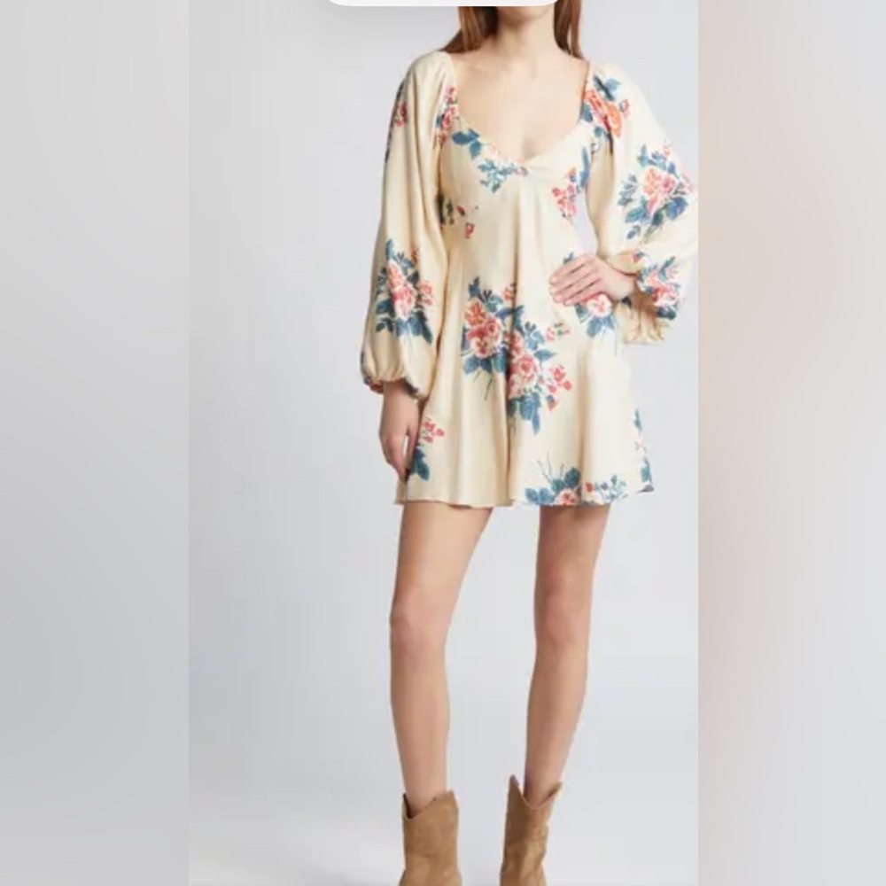 NORDSTROM FREE PEOPLE FRANCESCA MINI DRESS IVORY-FLORAL-LONG SLEEVE SIZE S/L NOT